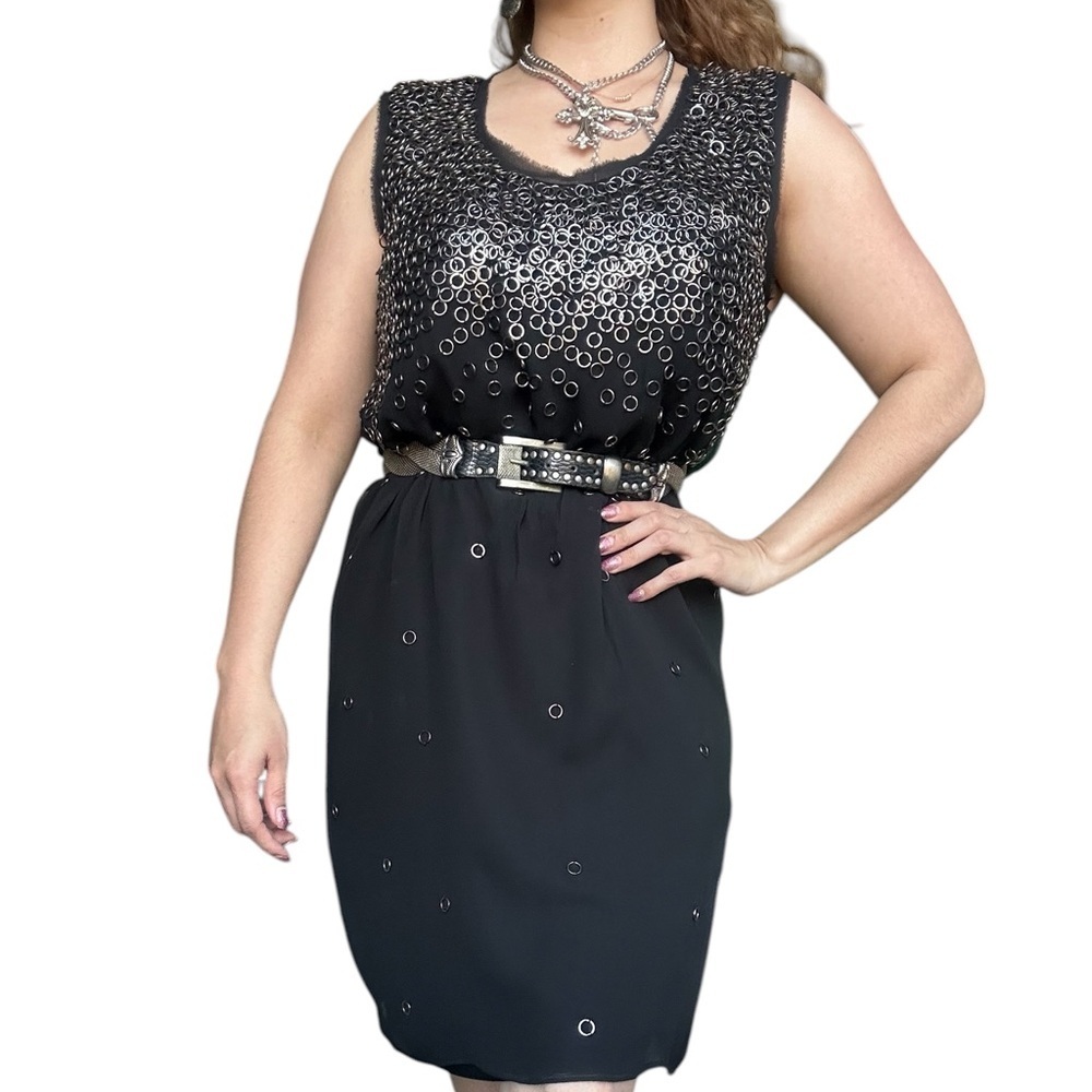 Elie  Tahari Black Silk Dress Embellished Sleeveless Sheer Overlay - Medium
